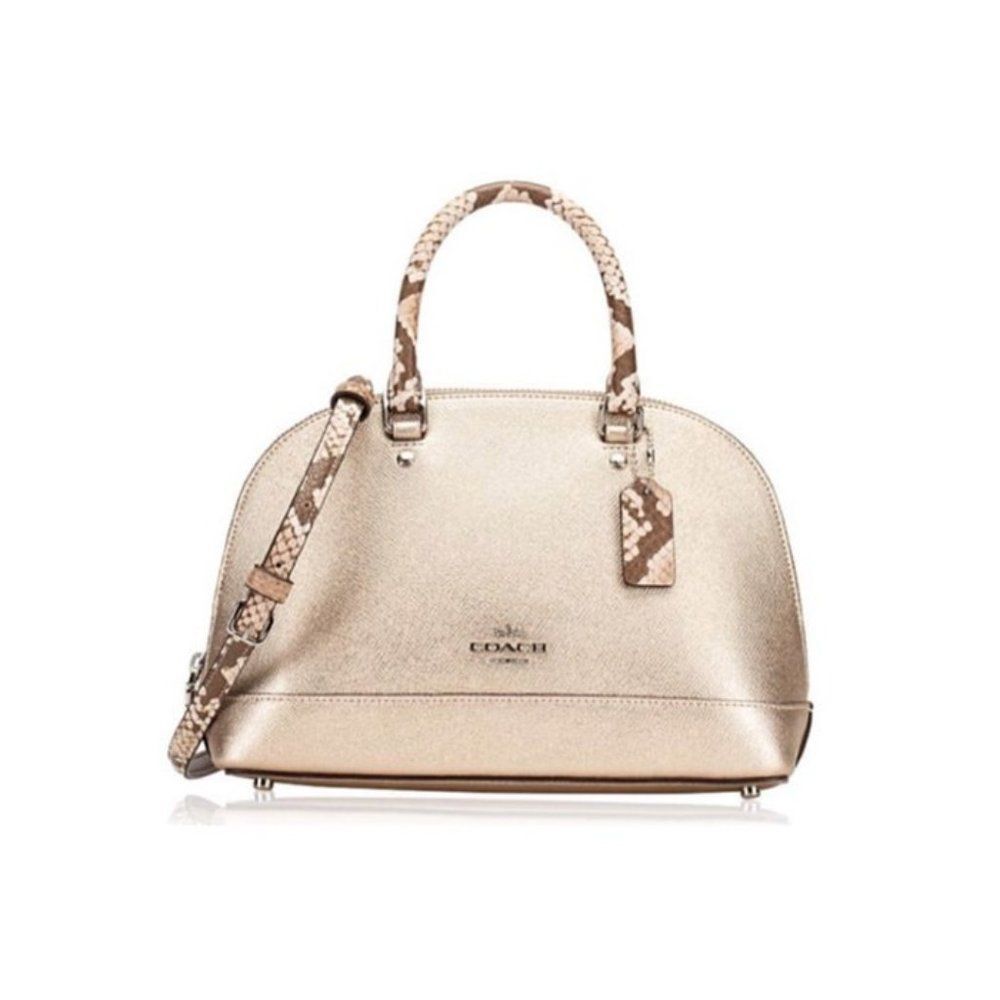 Coach Metallic Gold Dome Satchel with Snake-Print Strap